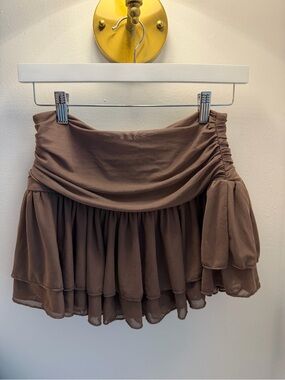 Ruched Waist Brown Chiffon Mini Skirt